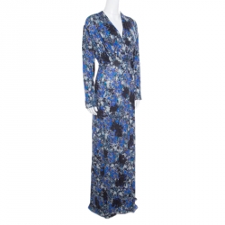 Erdem Blue and Grey Pelham Crescent Printed Jersey Draped Front Maxi Dress XL