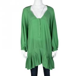 Pre Owned Ermanno Scervino Green Silk Pintuck Detail Long Sleeve Tunic M