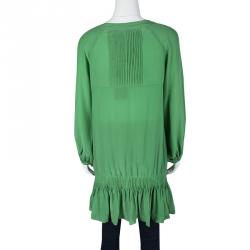 Pre Owned Ermanno Scervino Green Silk Pintuck Detail Long Sleeve Tunic M