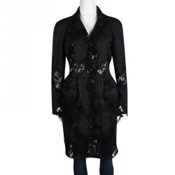 Pre Owned Ermanno Scervino Black Cutout Floral Lace and Embossed Jacquard Long Coat M