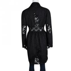 Pre Owned Ermanno Scervino Black Cutout Floral Lace and Embossed Jacquard Long Coat M