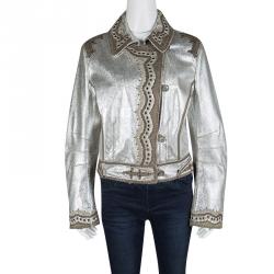 Pre Owned Ermanno Scervino Metallic Silver Goat Skin Leather Embellished Jacket M