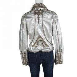 Pre Owned Ermanno Scervino Metallic Silver Goat Skin Leather Embellished Jacket M