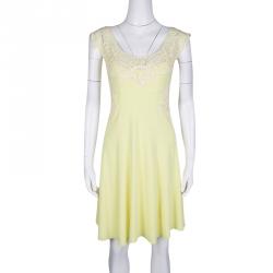 Pre Owned Ermanno Scervino Yellow Knit Lace Detail Sleeveless Dress S