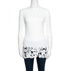 Off White Floral Lace Trim Detail Long Sleeve Top
