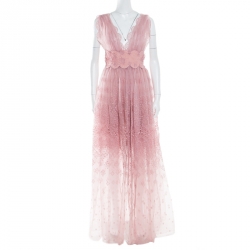 Pre Owned Ermanno Scervino Pale Pink Floral Lace Gathered Overlay Plunge Neck Sleeveless Dress M