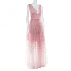 Pre Owned Ermanno Scervino Pale Pink Floral Lace Gathered Overlay Plunge Neck Sleeveless Dress M