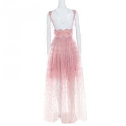 Pre Owned Ermanno Scervino Pale Pink Floral Lace Gathered Overlay Plunge Neck Sleeveless Dress M