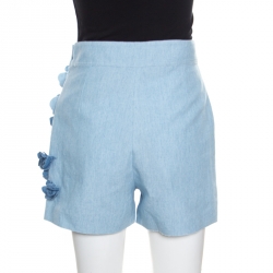 Pre Owned Ermanno Scervino Sky Blue Cotton Linen Flower Applique Detail High Waist Shorts S