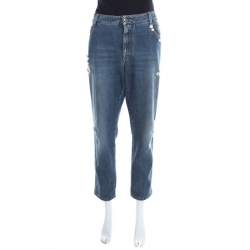 Ermanno Scervino Indigo Faded Effect Floral Embellished Distressed Jeans L