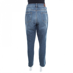 Ermanno Scervino Indigo Faded Effect Floral Embellished Distressed Jeans L