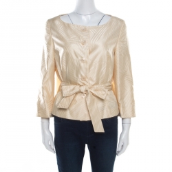 Pre Owned Escada Cream Silk Jacquard Waist Tie Detail Button Front Jacket M
