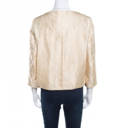 Pre Owned Escada Cream Silk Jacquard Waist Tie Detail Button Front Jacket M