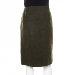 Pre Owned Escada Dark Green Wool Leather Piping Detail Pencil Skirt L