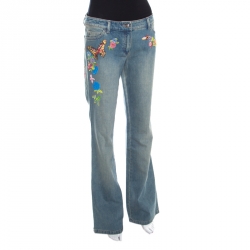 Escada Indigo Faded Effect Denim Embellished Flared Hose Jeans M