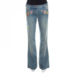 Indigo Faded Effect Denim Embellished Flared Hose Jeans