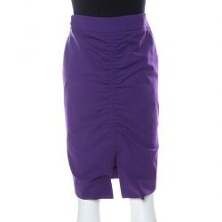 Pre Owned Escada Purple Stretch Crepe Ruched Back Pencil Skirt M 