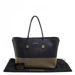 Pre Owned Escada Black Leather Studded Zip Tote