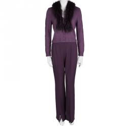 Pre Owned Escada Purple Wool Raccoon Fur Collar Detail Cardigan and Trouser Set M
