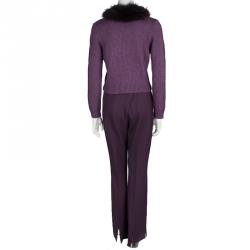 Pre Owned Escada Purple Wool Raccoon Fur Collar Detail Cardigan and Trouser Set M