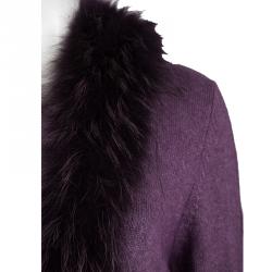 Pre Owned Escada Purple Wool Raccoon Fur Collar Detail Cardigan and Trouser Set M