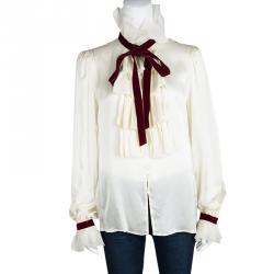 Pre Owned Escada Cream Silk Contrast Velvet Trim Tie Detail Ruffled Blouse XS