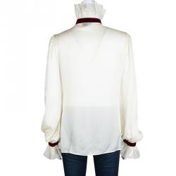 Pre Owned Escada Cream Silk Contrast Velvet Trim Tie Detail Ruffled Blouse XS