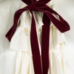 Pre Owned Escada Cream Silk Contrast Velvet Trim Tie Detail Ruffled Blouse XS