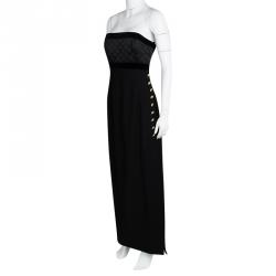 Escada Couture Black Quilted Velvet Trim Strapless Maxi Dress S