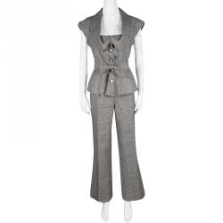 Escada Brown and White Textured Belted Vest and Trouser Set S
