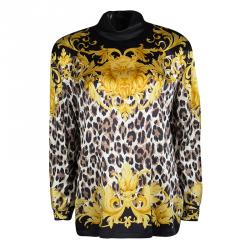 Pre Owned Escada Black Animal Printed Silk Satin Long Sleeve Power Shoulder Blouse S