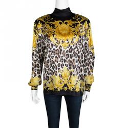 Pre Owned Escada Black Animal Printed Silk Satin Long Sleeve Power Shoulder Blouse S