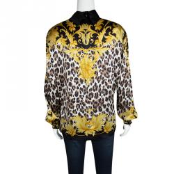 Pre Owned Escada Black Animal Printed Silk Satin Long Sleeve Power Shoulder Blouse S