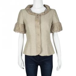 Pre Owned Escada Beige Textured Silk Trim Short Sleeve Jacket XS