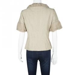 Pre Owned Escada Beige Textured Silk Trim Short Sleeve Jacket XS