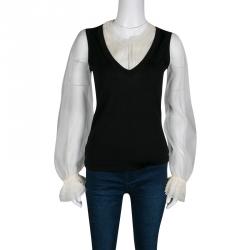 Pre Owned Escada Monochrome Faux Layered Ruffled Trim Long Sleeve Blouse S