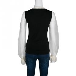 Pre Owned Escada Monochrome Faux Layered Ruffled Trim Long Sleeve Blouse S