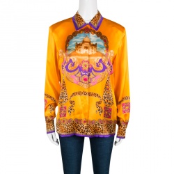 Pre Owned Escada Saffron Orange Taj Mahal Printed Silk Long Sleeve Blouse M