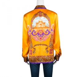 Pre Owned Escada Saffron Orange Taj Mahal Printed Silk Long Sleeve Blouse M