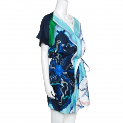 Escada Multicolor Printed Silk Draped Placket Drop Waist Tunic L