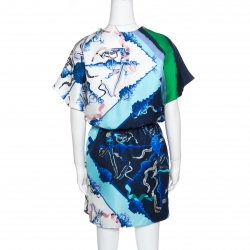 Escada Multicolor Printed Silk Draped Placket Drop Waist Tunic L