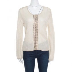 Escada Beige Lurex Knit Embellished Cardigan M