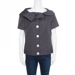 Pre Owned Escada Navy Blue Wool and Silk Jacquard Asymmetric Bow Detail Cropped Jacket L