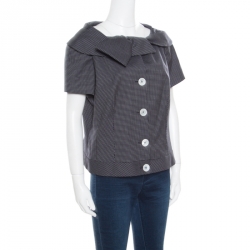 Pre Owned Escada Navy Blue Wool and Silk Jacquard Asymmetric Bow Detail Cropped Jacket L