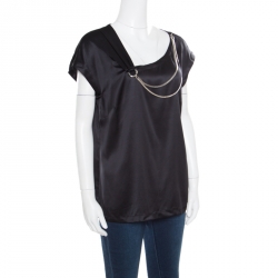 Pre Owned Escada Black Silk Chain Detail Asymmetric Neck Boxy Top L