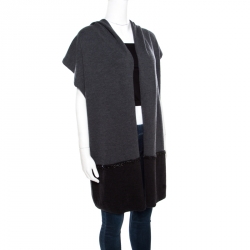 Escada Grey Dark Diamond Wool and Silk Open Front Sleeveless Hooded Cardigan M