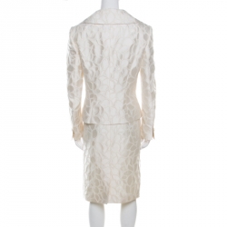 Escada Cream Floral Jacquard Embellished Buckle Detail Skirt Suit L