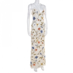 Pre Owned Escada Off White Floral Embellished Silk Sleeveless Maxi Dress S