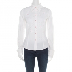 Pre Owned Escada White and Pink Cotton Dotted Floral Applique Long Sleeve Shirt M