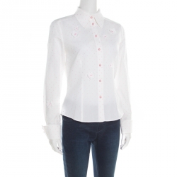 Pre Owned Escada White and Pink Cotton Dotted Floral Applique Long Sleeve Shirt M